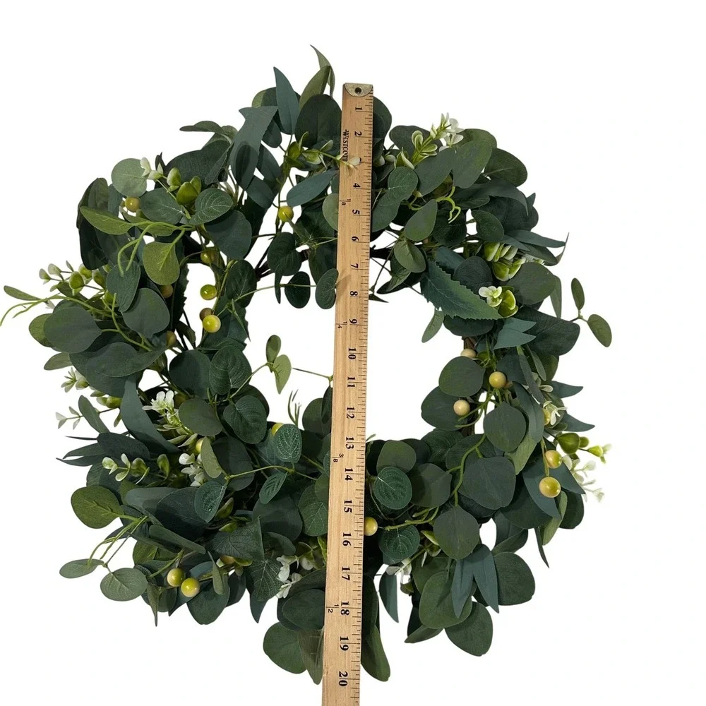 Artificial Eucalyptus Wreath Greenery Green Berries and White Flowers 18 Inch